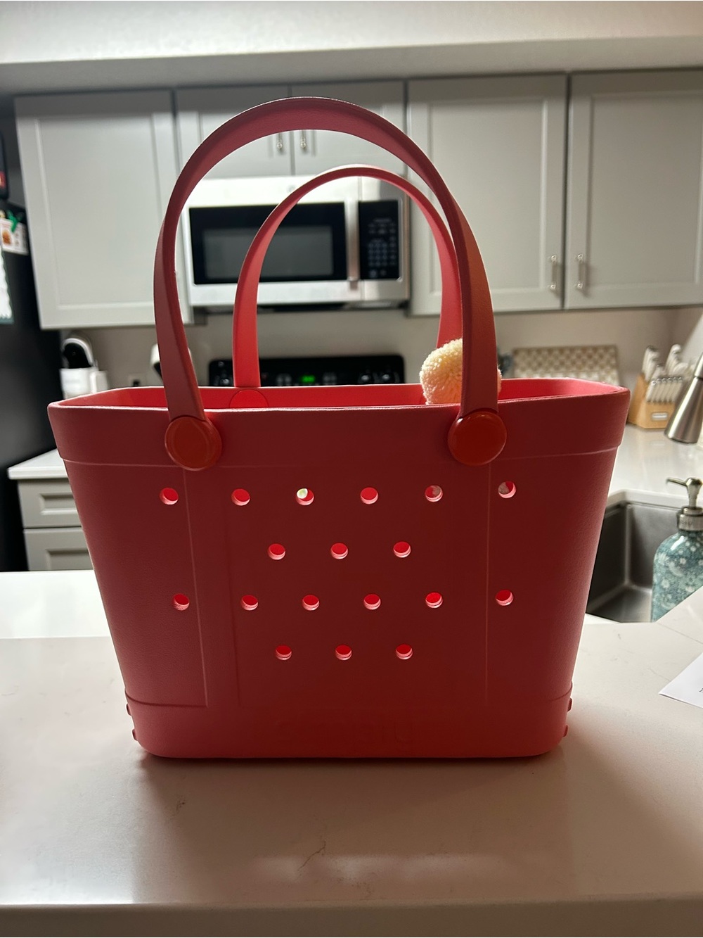Small Pink Tote Bag with Pom Pom Charm - Women Bags - Picture 2 of 3